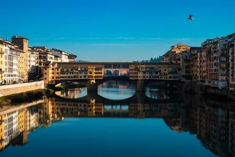 Onte Vecchio reflected in the Arno River in Florence, Italy - December 31, 2018 Stock Photos