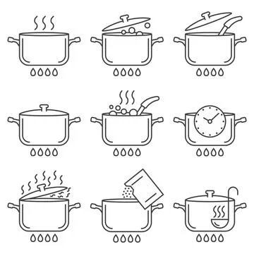 ?ooking pots icons set in flat style. Saucepan vector illustration on isola.. Illustrazione stock