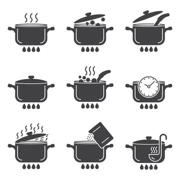 ?ooking pots icons set in flat style. Saucepan vector illustration on isola.. Illustrazione stock