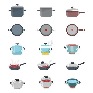 ?ooking pots icons set in flat style. Saucepan vector illustration on isola.. Stock Illustration