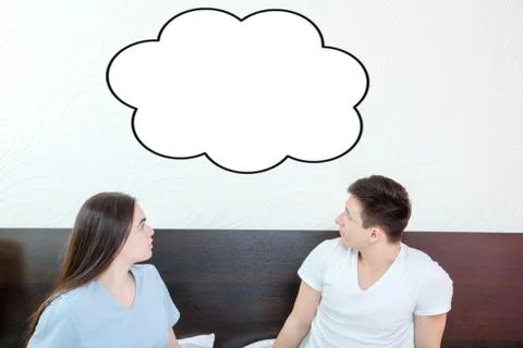 Ooking up at thinking speech bubble, comic cloud or empty copyspace Stock Photos
