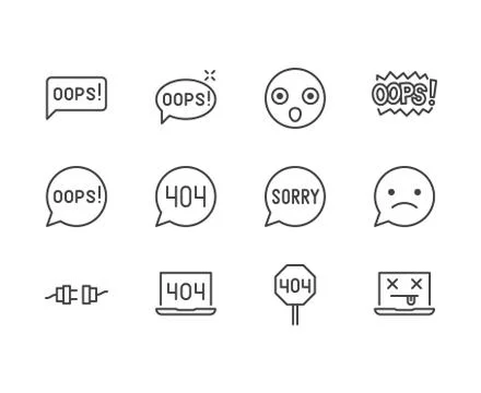 Oops message flat line icons set. 404 error, mistake speach bubble, page not 스톡 일러스트