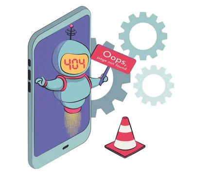 Oops, page 404, text not found. virtual assistant robot website or mobile app Stock Illustration