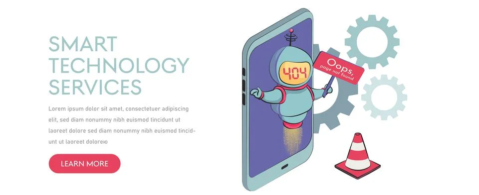 Oops, page 404, text not found. virtual assistant robot website or mobile app Stock Illustration