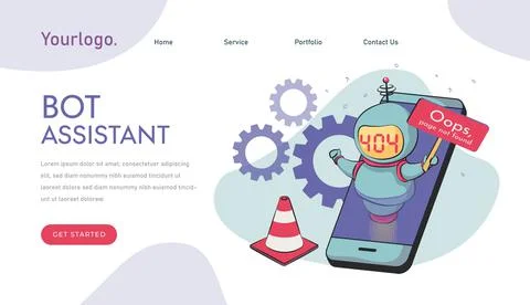 Oops, page 404, text not found. virtual assistant robot website or mobile app Illustrazione stock