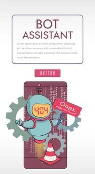 Oops, page 404, text not found. virtual assistant robot website or mobile app Stock Illustration