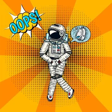 Oops pop art astronaut soaring. Spaceman cosmonaut superhero explore adventure Illustrazione stock