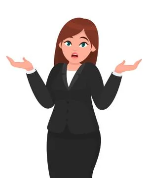 Oops! Sorry! I do not know.  Businesswoman shrugging shoulders spreading hand Stock Illustration
