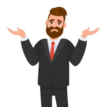 Oops. Sorry. I don't know. Young business man shrugs, shows helpless gesture  Stock Illustration