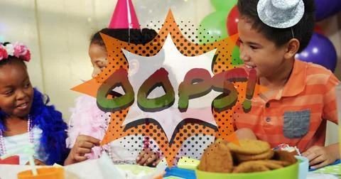 Oops! text in retro bubble at a kids' birthday party, vintage comic style. Stock Photos