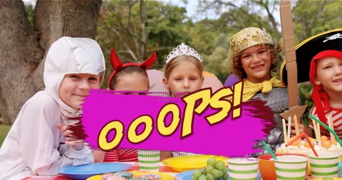 Oops text on speech bubble against group of kids in costumes Stock Footage 136858652