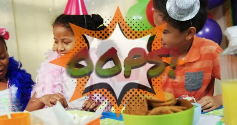 Oops text on speech bubble against kids at a birthday party Stock Footage 137235832