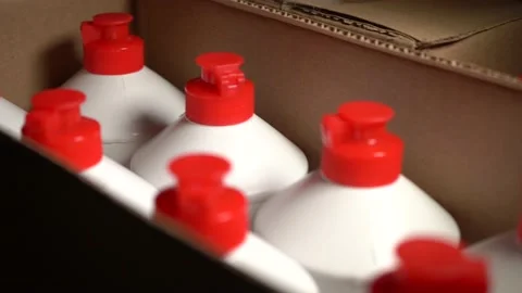 Opaque White Plastic Containers For Detergents And Cleaning Products Stand Stock Footage 147850797