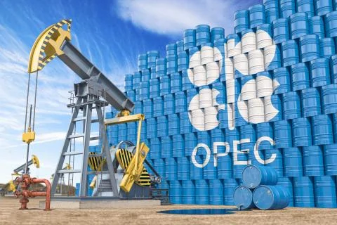 OPEC  Organization of the Petroleum Exporting Countries. Oil pump jack and oi Stock Illustration