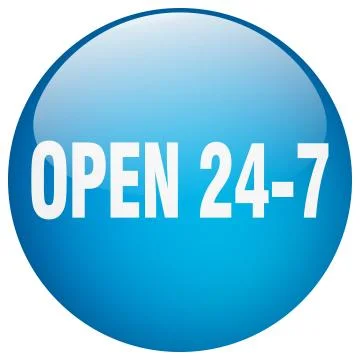 Open 24 7 blue round gel isolated push button 스톡 일러스트