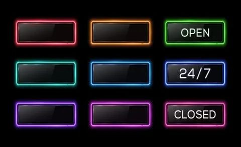 Open 24 7 closed neon sign. Color electric square. Stock Illustration