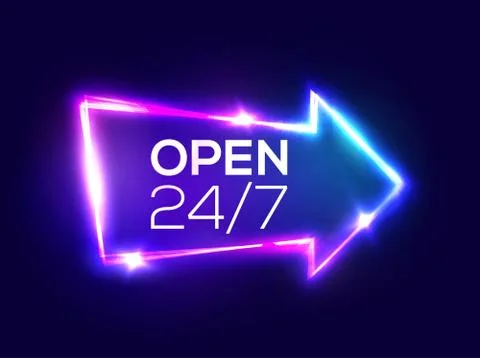 Open 24 7 Hours. 3d Retro Light Bar Arrow Pointer Stock Illustration
