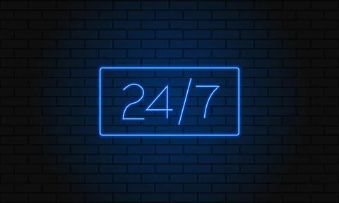 Open 24 7 Hours Neon Light on Brick Wall. Vector Illustration. 24 Hours Night Stock Illustration