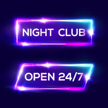 Open 24 7 Hours. Night Club Neon Sign. Stock Illustration