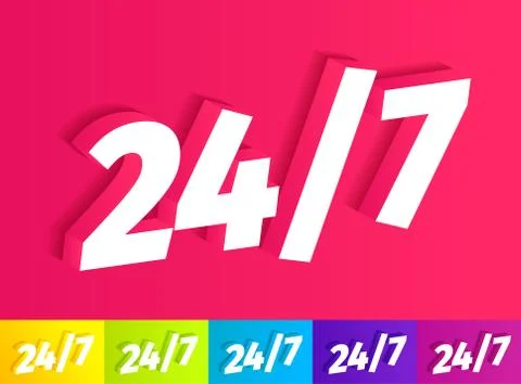 Open 24 to 7 Icon. White single word on pink. A set of different colors yellow Stock Illustration