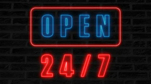 Open 24-7 neon sign, retro style signboard for bar or club, 3d render computer Stock Footage 88721938