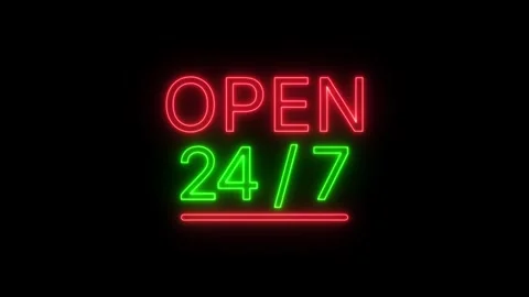 Open 24 7 neon sign glowing in red and green colors on black background Stock Footage 345833302