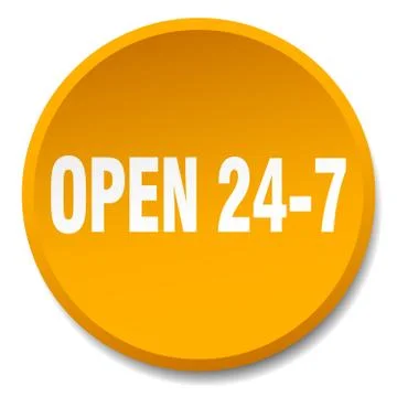 Open 24 7 orange round flat isolated push button 스톡 일러스트