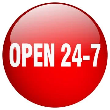 Open 24 7 red round gel isolated push button 스톡 일러스트