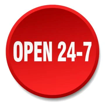 Open 24 7 red round flat isolated push button 스톡 일러스트