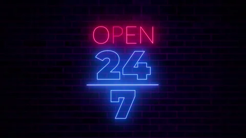 OPEN 24 Hour 7 Day Neon Sign Animation, Red and Blue Neon Open Sign Stock Footage 313460116