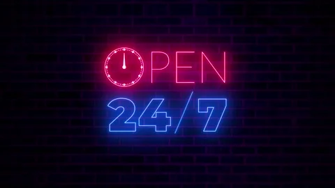 Open 24 Hours and 7 Days Neon Sign Animation Perfect for Store Promo Stock Footage 313460123
