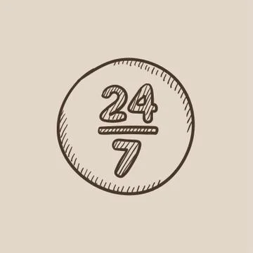 Open 24 hours and 7 days in wheek sign sketch icon Stock Illustration