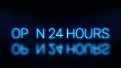 Open 24 hours bright glowing neon blinking signboard. Blue letters with shado Video stock 142350799