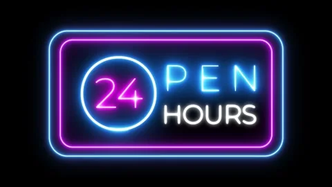 Open 24 hours neon animated advertising lights animation open 24 hours 4k m.. Stock Footage 261262494