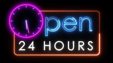 Open 24 hours neon animated neon text advertising 24 hours looping 4k open .. Stock Footage 270908101