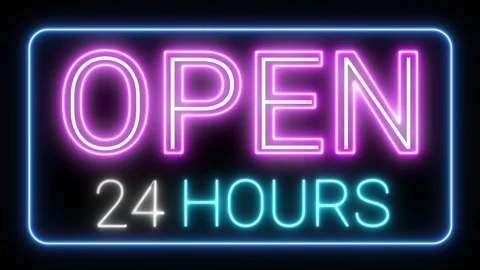 Open 24 hours neon animation shop advertising night led neon billboard. Stock Footage 243828258