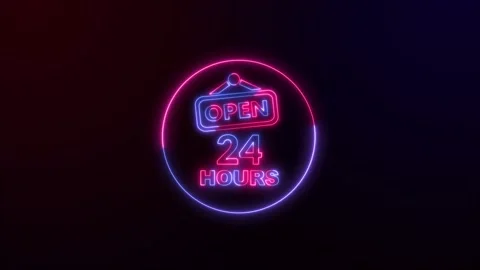 Open 24 hours neon text animation Stock Footage 196203490