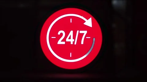 Open 24 Hours. Red sign 24 hours 7 days on a black background Stock Footage 306382067