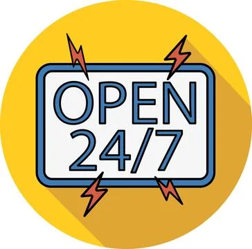 Open 24/7 store sign with flashes Stock Illustration