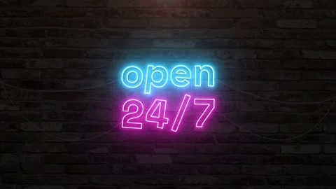 Open 24/7 text with neon effect animation. Seamless looping video Stock Footage 233868693