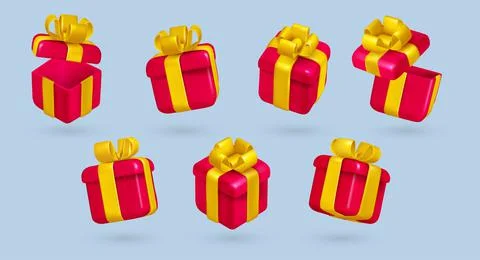 Open 3d birthday gift box. Presents different angle view, render objects, red Illustrazione stock