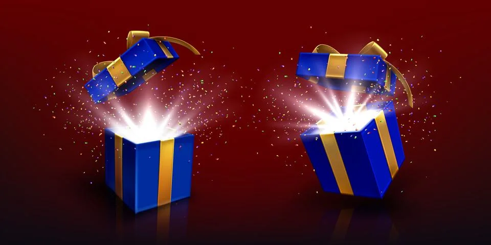 Open 3D blue gift box with golden bow and confetti Stock Illustration