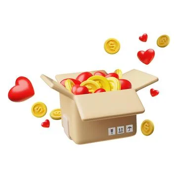 Open 3d box with gold dollar coins and red hearts, icon. Stock Illustration