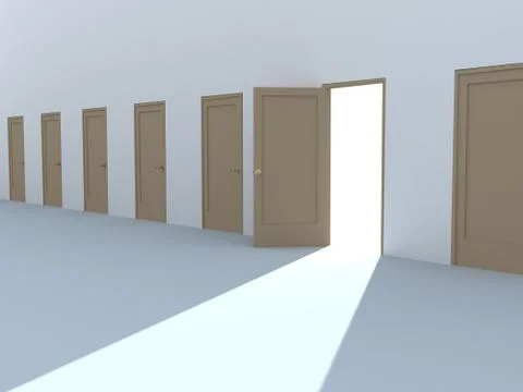 Open 3d door in a row of the closed doors Stock Illustration