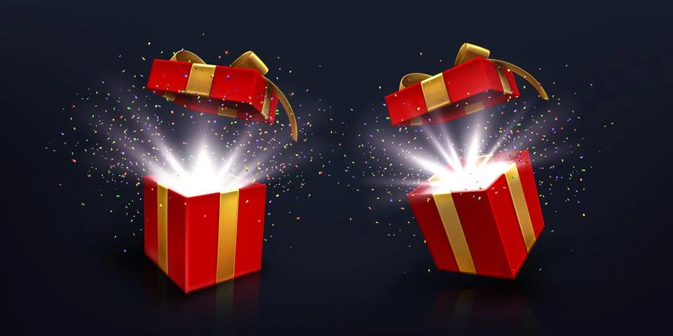 Open 3D red gift box with golden bow and confetti Illustrazione stock