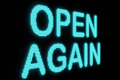 Open Again. Dark LED screen with the word Open Again in blue glowing lette... Fotos de archivo
