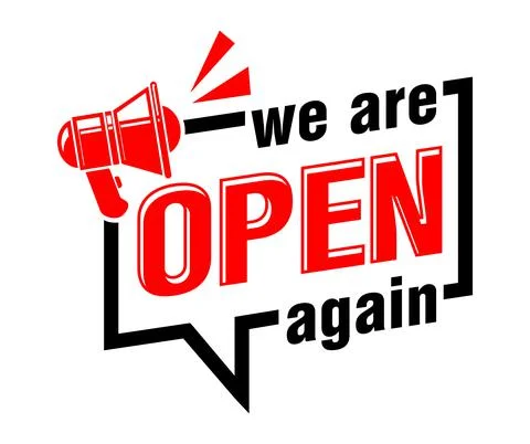 Open again megaphone sticker Stock Illustration