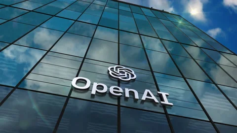 Open AI artificial intelligence company glass building concept loopable Stock Footage 233166702