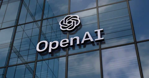 Open AI artificial intelligence company glass building concept Stock Footage 233261620