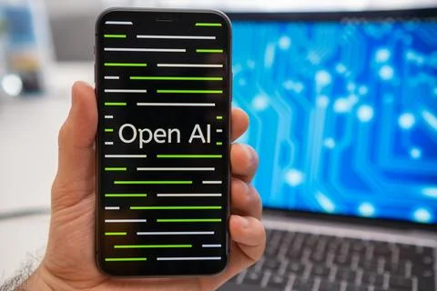 Open AI artificial intelligence logo on the screen of mobile phone and neural Stock Photos